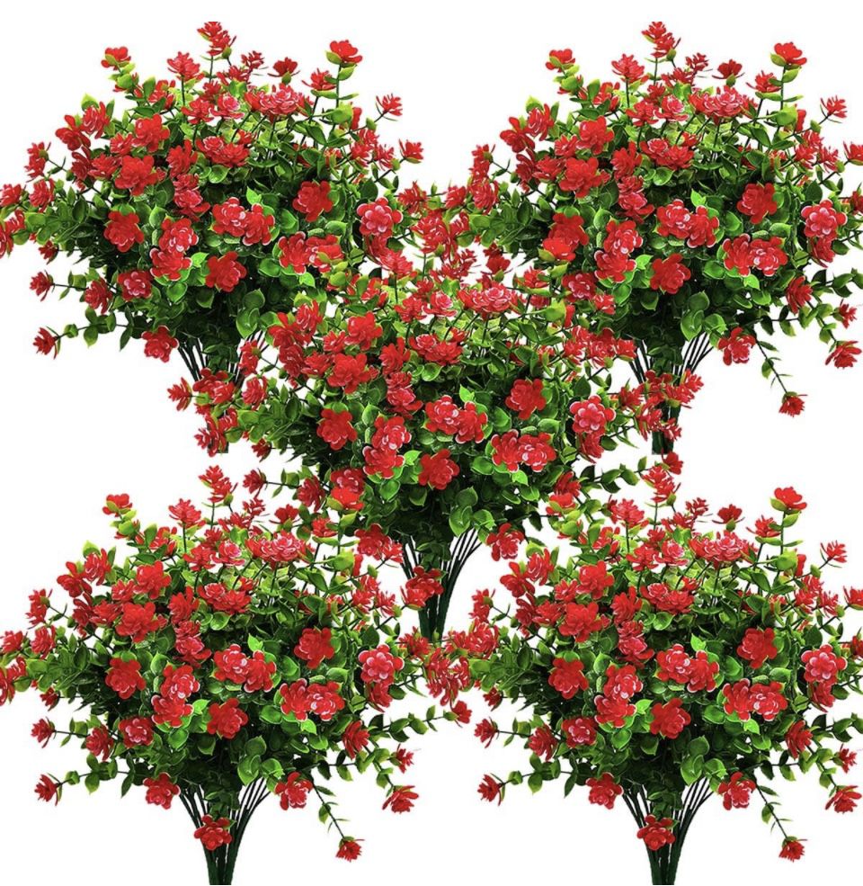 Grunyia 10 Bundles Faux Outdoor Flowers - Artificial Fake Plants, UV Resistant, Red-Eucalyptus