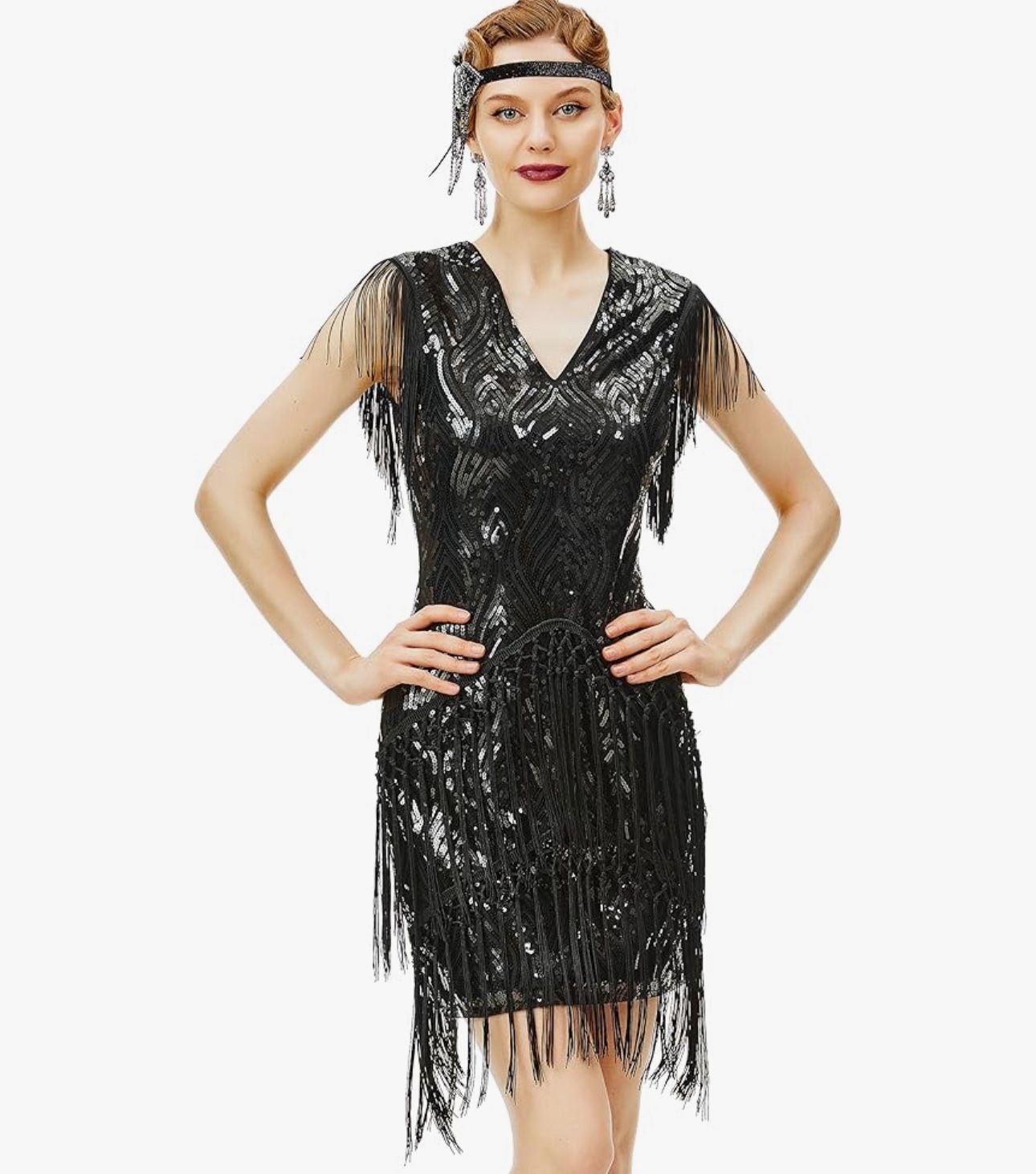 1920s Flapper Dress Long Fringed Gatsby Roaring 20s Sequins Beaded Vintage Art Deco 