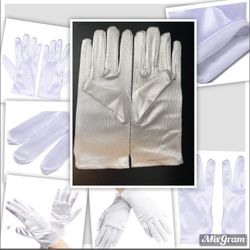 Satin Gloves for Women Wrist Length, approximately flat length is 8.66", width is 3.54". They are elastic and one size fits most, MATERIAL - high qual