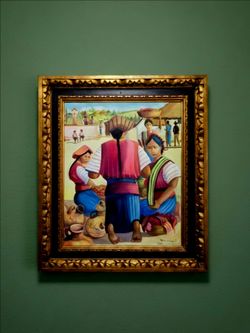 Original oil painting depicting a vibrant market scene ("Día del Mercado") 31.5"×27.5"