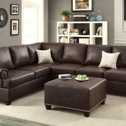 Brand New Espresso Leather Sectional Sofa (Ottoman Sold Separately)