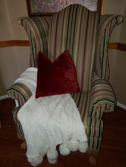 Wingback Upholstered Chair Oversized. Jewel-toned Striped Upholstery With Ball And Claw Carved Feet