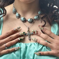 Vintage Southwest Blue Lucite Confetti Cabachon Silver Tone Necklace 