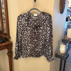 KATE SPADE Leopard Print Ruffle 100% Silk Tie Front Button Career Blouse Size 6