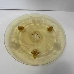 Vintage Amber Glass Etched Butterfly Leaf & Flower Footed Plate