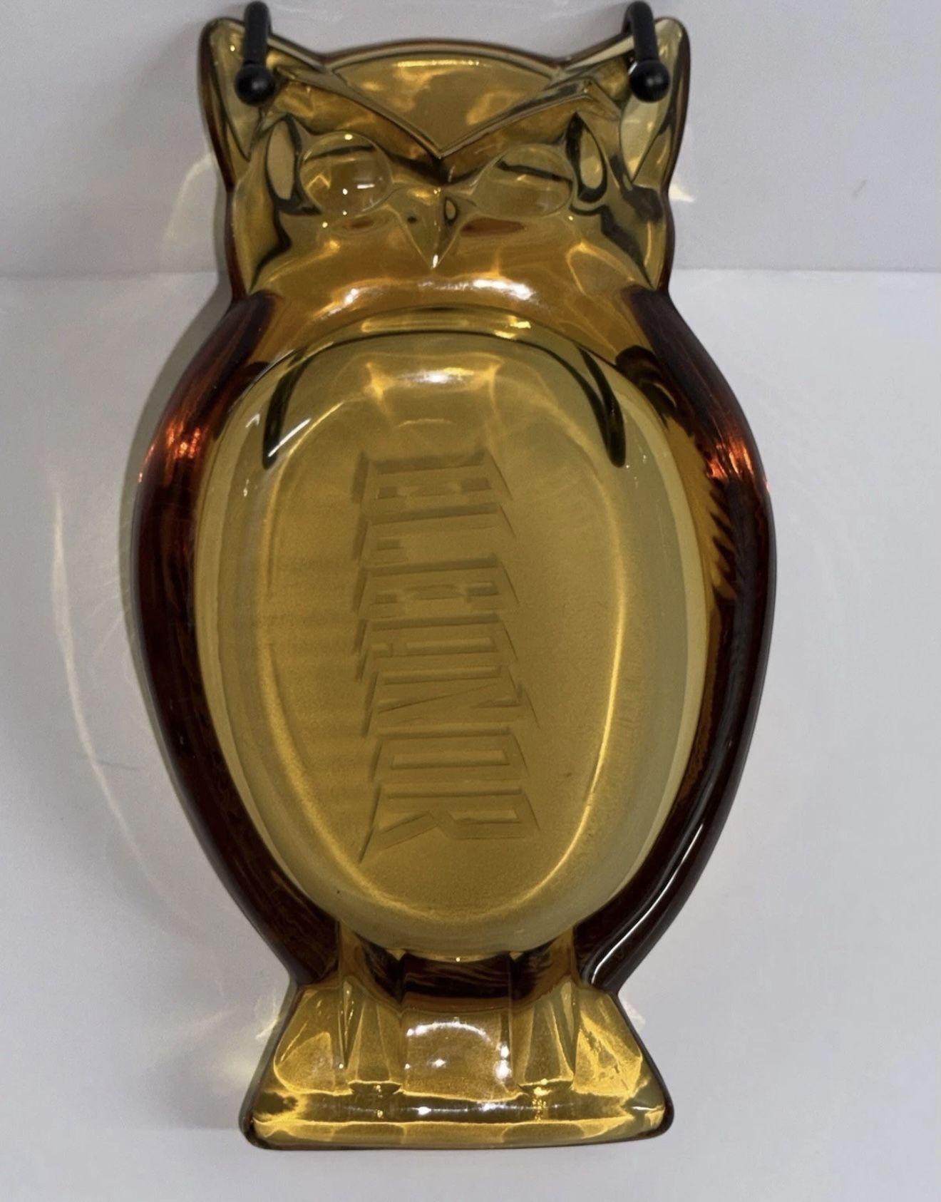 Vintage Viking Amber Glass Owl Ashtray, Engraved With Name Elenore