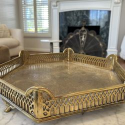 Vintage Large Brass Ornate Heavy Tray Etched Beautiful Signed Rare Mid Century Regency Art Deco Table Decor Collectible 