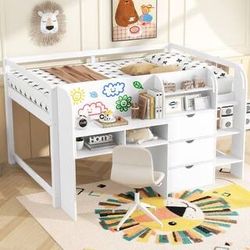 NEW White Full Size Low Loft Bed with Built-in Desk, Storage Cabinets, Ladder, Bookcase, Whiteboard for Graffiti, Drawers