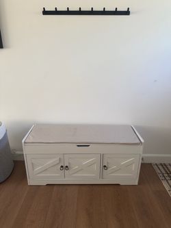 White Entryway Storage Bench with Cushion