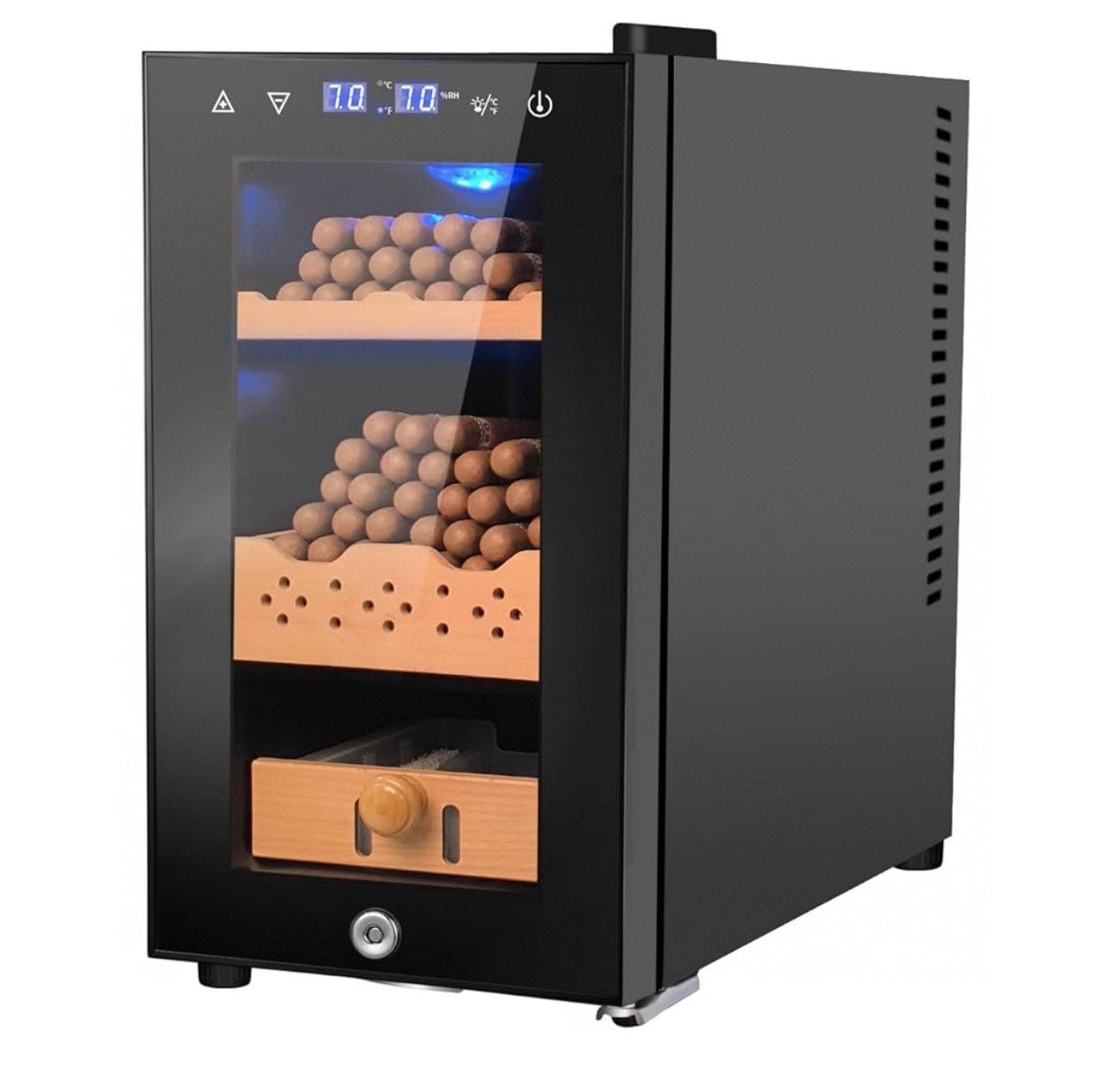 Electric Humidor, 25L 150 Counts Large Capacity,Thermostatic Cooling Humidor Cabinet with Spanish Cedar Wood Shelves, Digital LED Screen, Safety Lock,