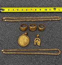 Massive 7-Piece Streetwear Gold Jewelry Lot - Heavy 196g Cuban Chains, Rings & Pendants