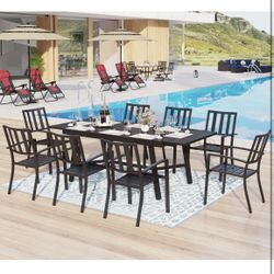 9 PCS Patio Metal Dining Sets, Outdoor Furniture Sets with 8 Steel Slat Stackable Chairs and 1 Rectangular Expandable Table for Porch, Lawn, Backyard,