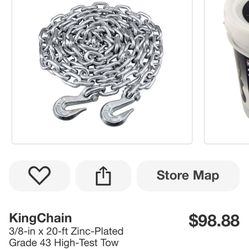 KingChain 3/8-in x 20-ft Zinc-Plated Grade 43 High-Test Tow Chain with 3/8-in Grab Hooks - 5,400 lbs Safe Work Load - Storage Pail