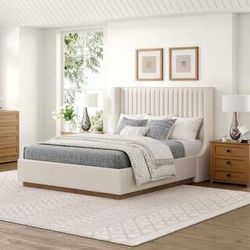 Buzio Beige Solid Wood Frame Queen Size Upholstered Platform Bed with Wood Base