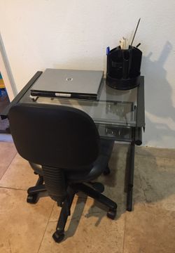Small Glass Desk with Rolling Chair