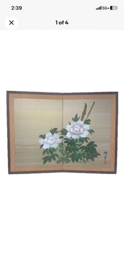 Vintage Japanese Byobu Folding Screen Hand Painted Silk Peonies Tabletop Decor