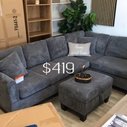 3-pc Sectional Sofa With Storage Ottoman Dark Grey Corduroy ✅ $419 No Tax 