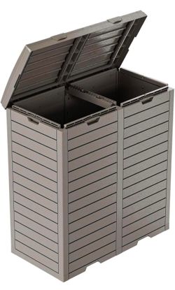 New-Outdoor Trash Can with Lid, Outdoor Trash Bin & Pull-Out Liquid Drawer, Dual Lid Closure Design, Waterproof Resin Garbage Can Container for Patio,