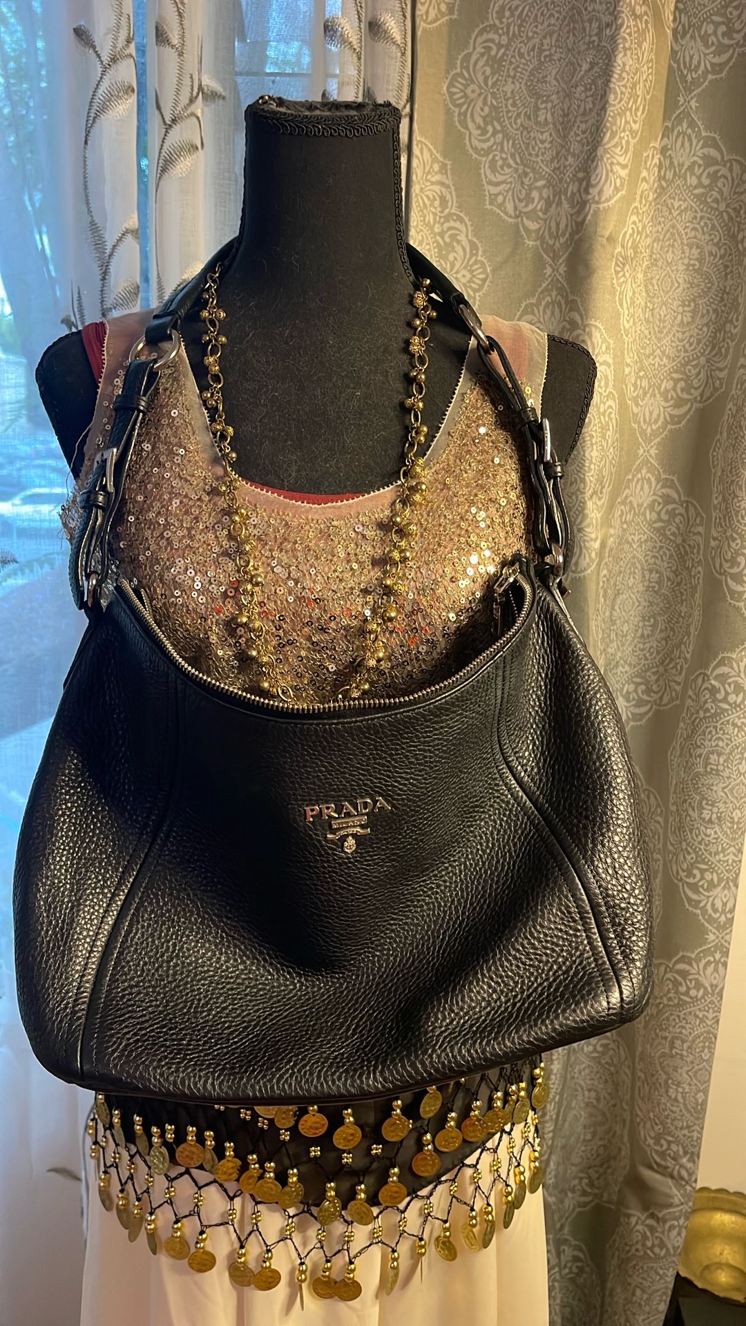 Black Vitello Phenix Leather Hobo Bag