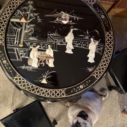 Black Lacquer Mother of Pearl Round Asian Coffee Table Set