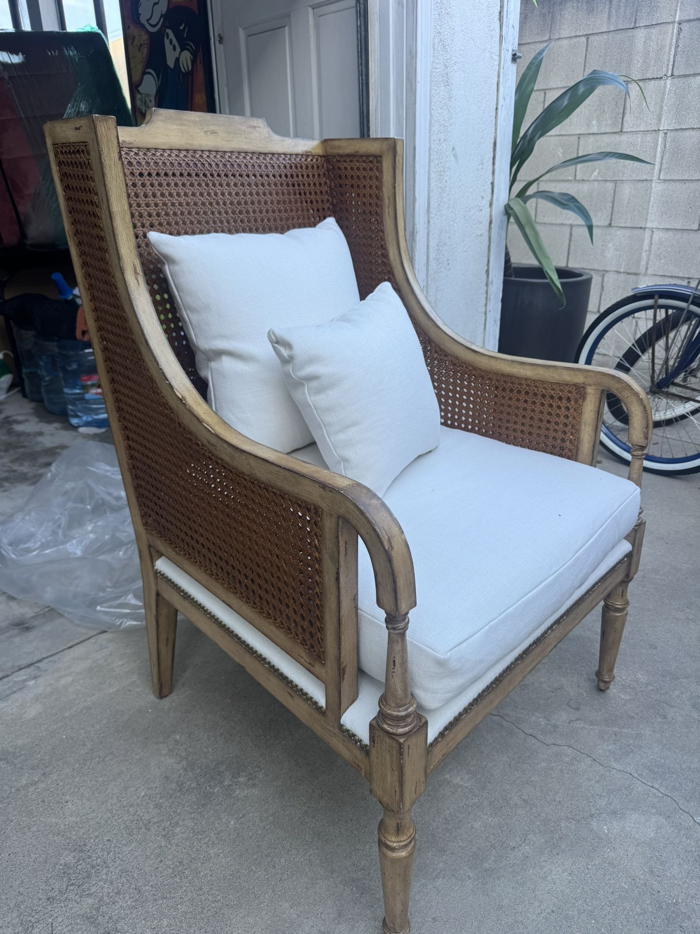 Vintage French Cane Armchair – Restored with Fresh Linen Cushions