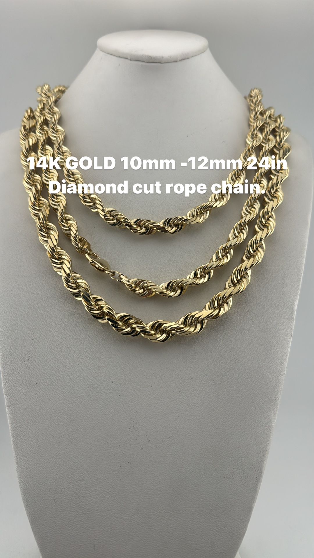 14K Gold diamond cut rope  chain. 10mm -12mm 24in re stock.