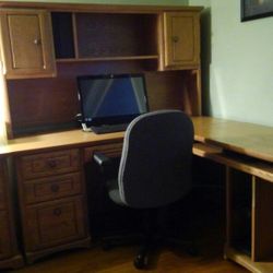 Oak shelf and desk with matching filing cabinet
