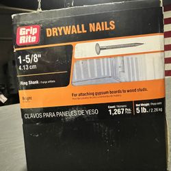 box of Grip-Rite 5 Lb Box 1-5/8 in. x 12-1/2-Gauge Bright Steel Ring Shank Drywall Nails