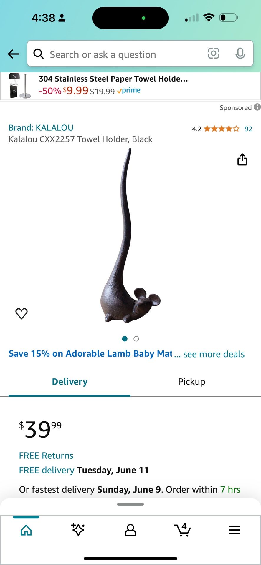 Kalalou CXX2257 Towel Holder, Black $25