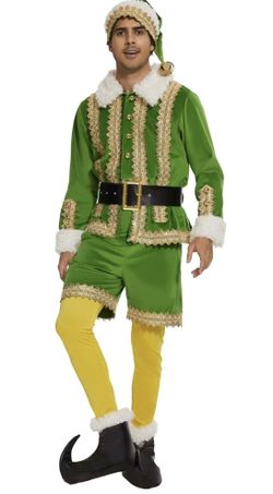 Deluxe 6 Pcs Christmas Green Elf Velvet Suit Adult Outfit, Xmas Fancy Holiday Party Cosplay Suit