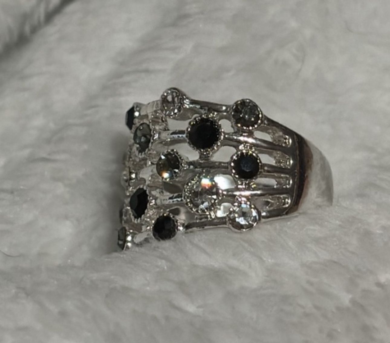 Silver Cocktail Ring with Black, Grey, and Silver CZ