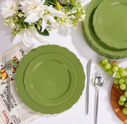 100-Piece Olive Green Disposable Plastic Plates, Heavy Duty Party 100pcs