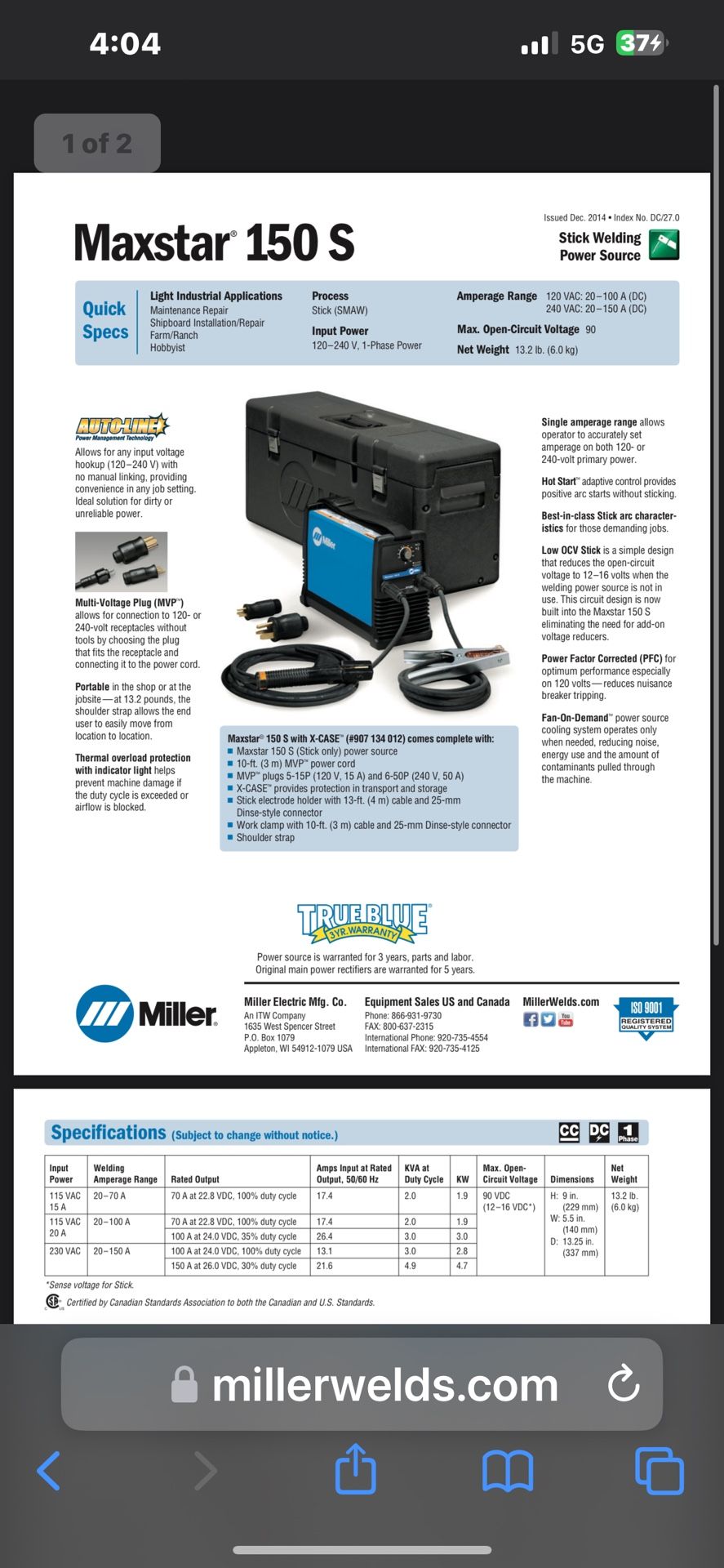 Miller Maxstar 150s Stick Welder w/ Accessories