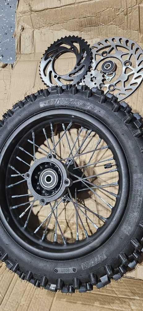 80/100-12 3.00-12 Tire Tube,12" Rear 12mm Axle Rim Wheel With Brake Rotor and 428 41T Sprocket For Apollo SSR 50cc 125cc XR CRF Dirt Pit Bike