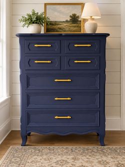 Drexel Vintage Tallboy Dresser – Refinished Navy Blue & Gold