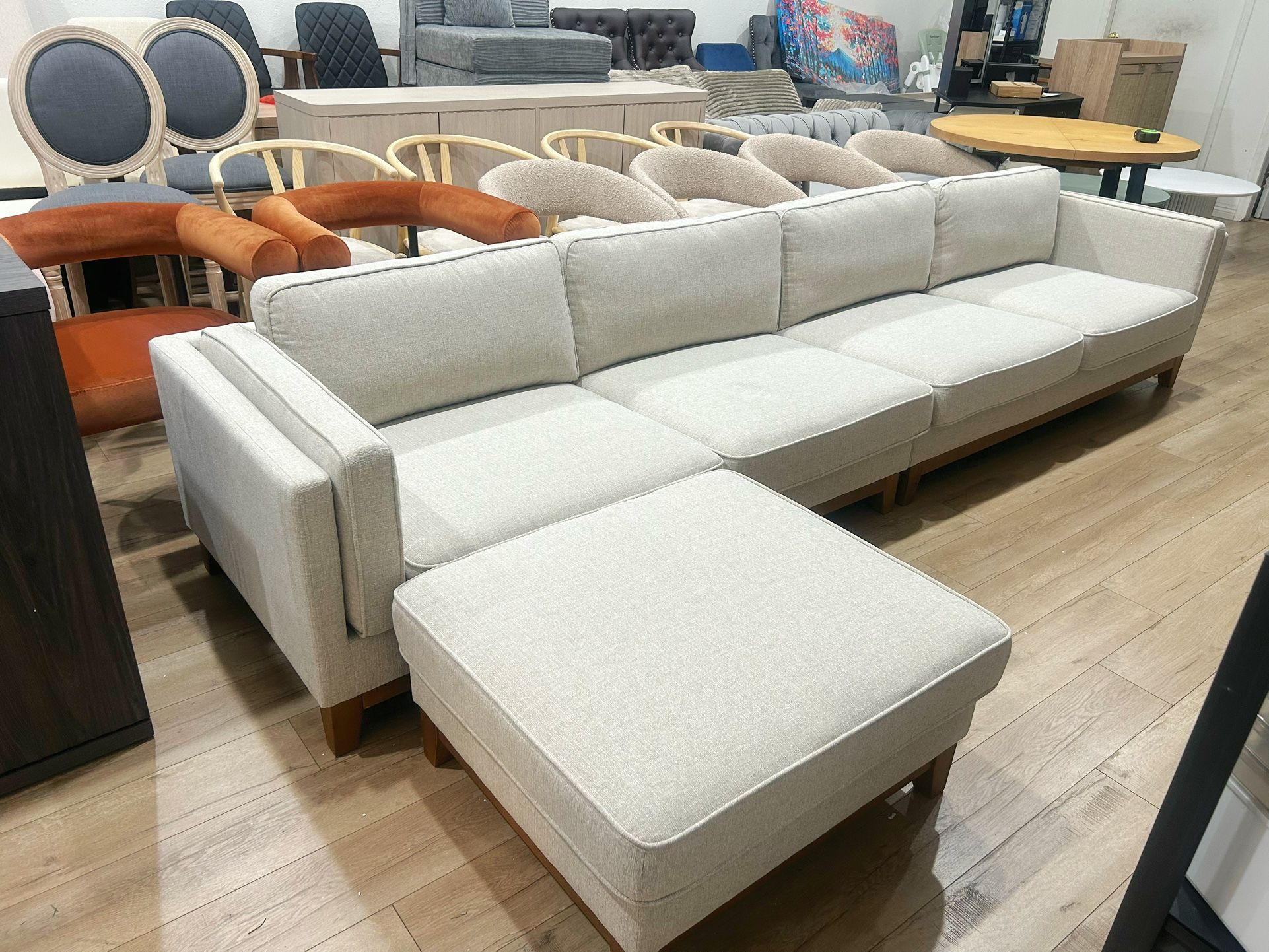 daals 132”Dipley Oatmeal Woven Fabric Grande Sofa with track armrests and solid wood base,5 sets