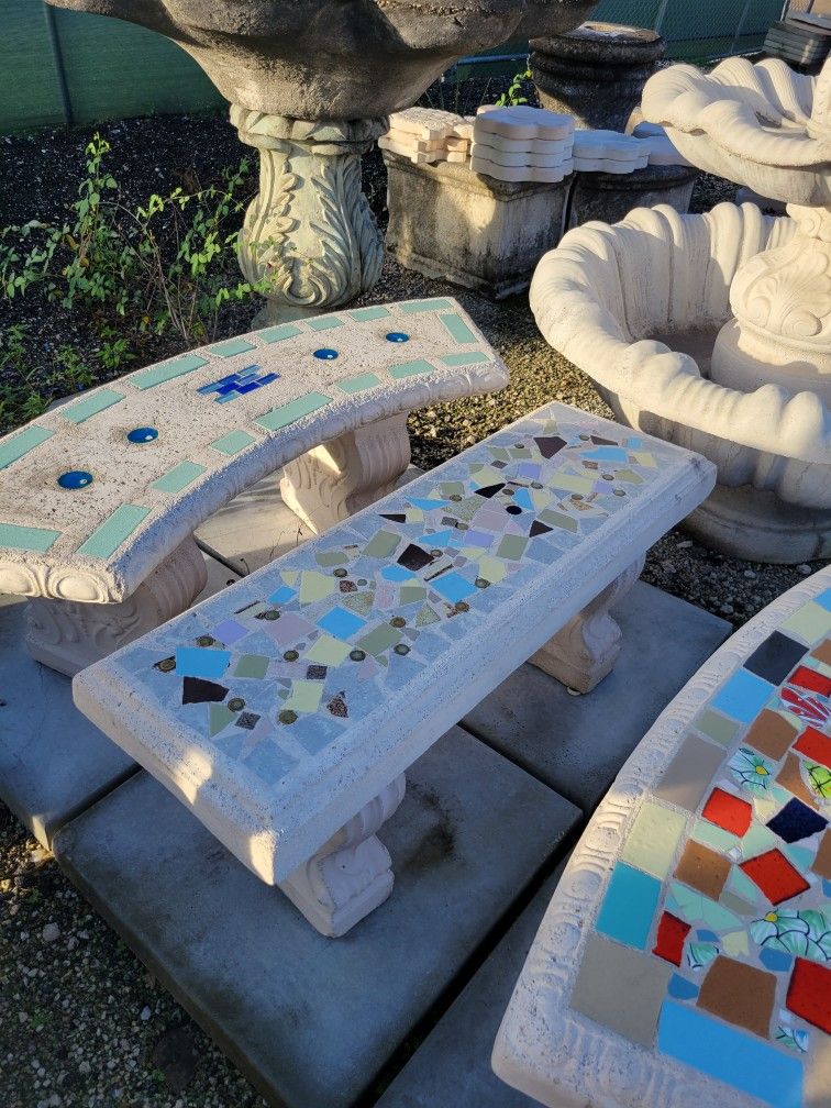 Concrete Mosaic Straight Benches / Cement Backyard Garden Patio Bench / Outdoor Patio Furniture