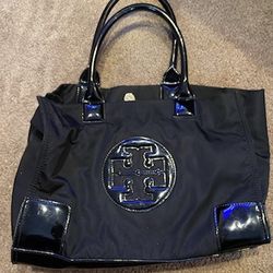Tory Burch Large Black Nylon Patent Leather Trim Ella Tote Bag