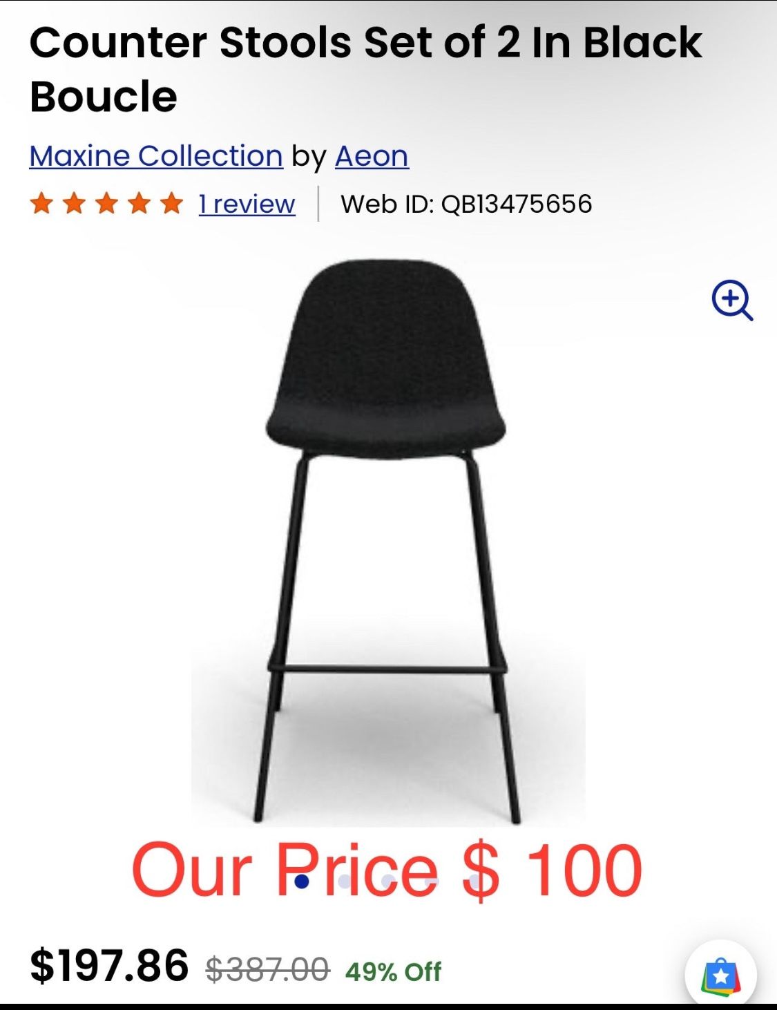 Counter Stools Set of 2 In Black Boucle Maxine Collection