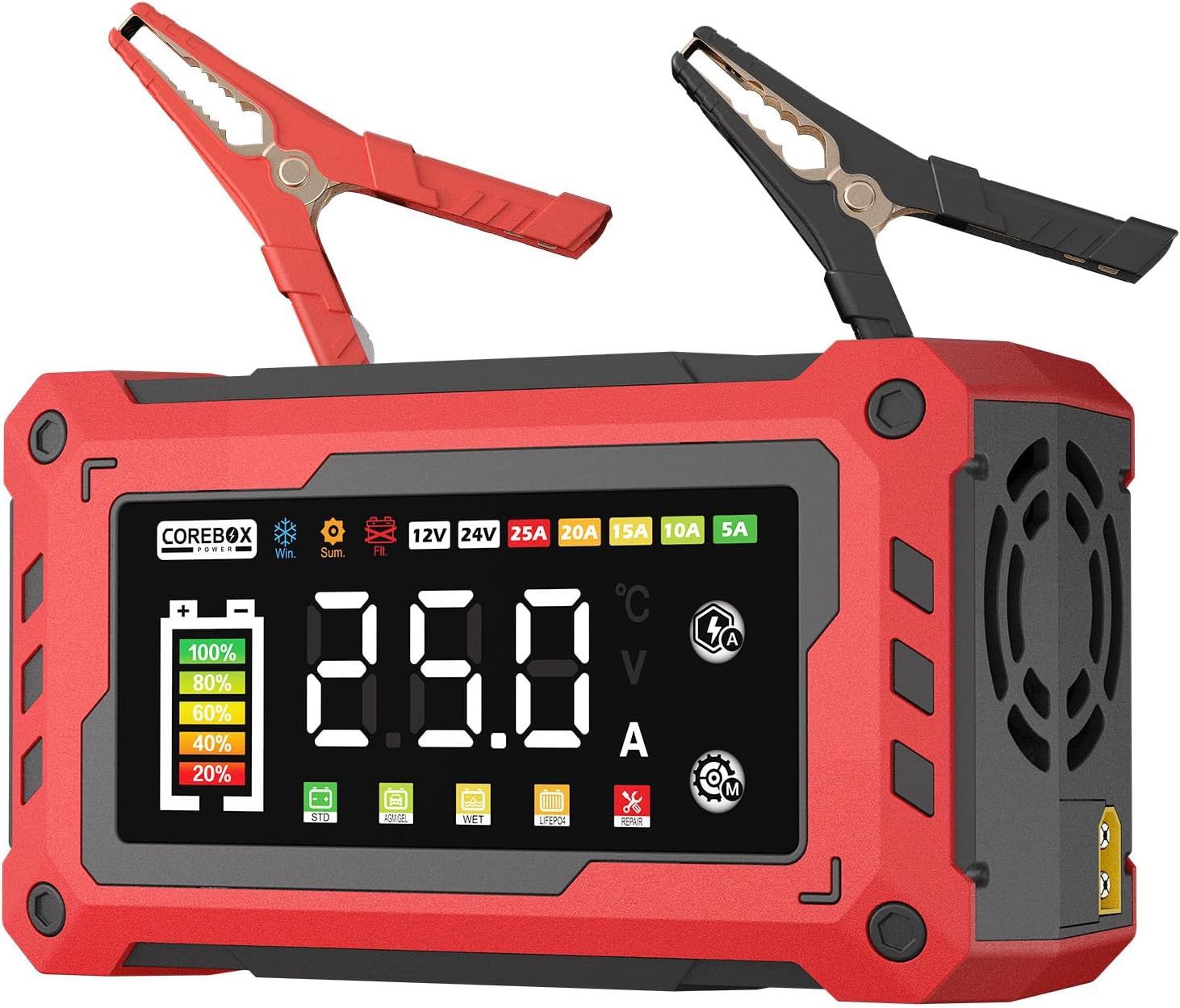 Battery Charger 0-25Amp,12V/24V, Automatic Smart Car Battery Charger, Trickle Charger, Battery Maintainer, Desulfator with Temperature Compensation, f