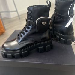 PRADA. Monolith Leather and Re-Nylon Boots with Pouch. Black. 10
