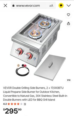 VEVOR Double Grilling Side Burners, 2 x 17,000BTU Liquid Propane Side Burner for Outdoor Kitchen, Convertible to Natural Gas, 304 Stainless Steel Buil