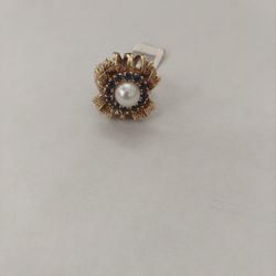 14kyg  Pearl/sapphire Sunflower Ring