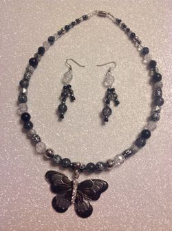 Butterfly beaded necklace and earrings