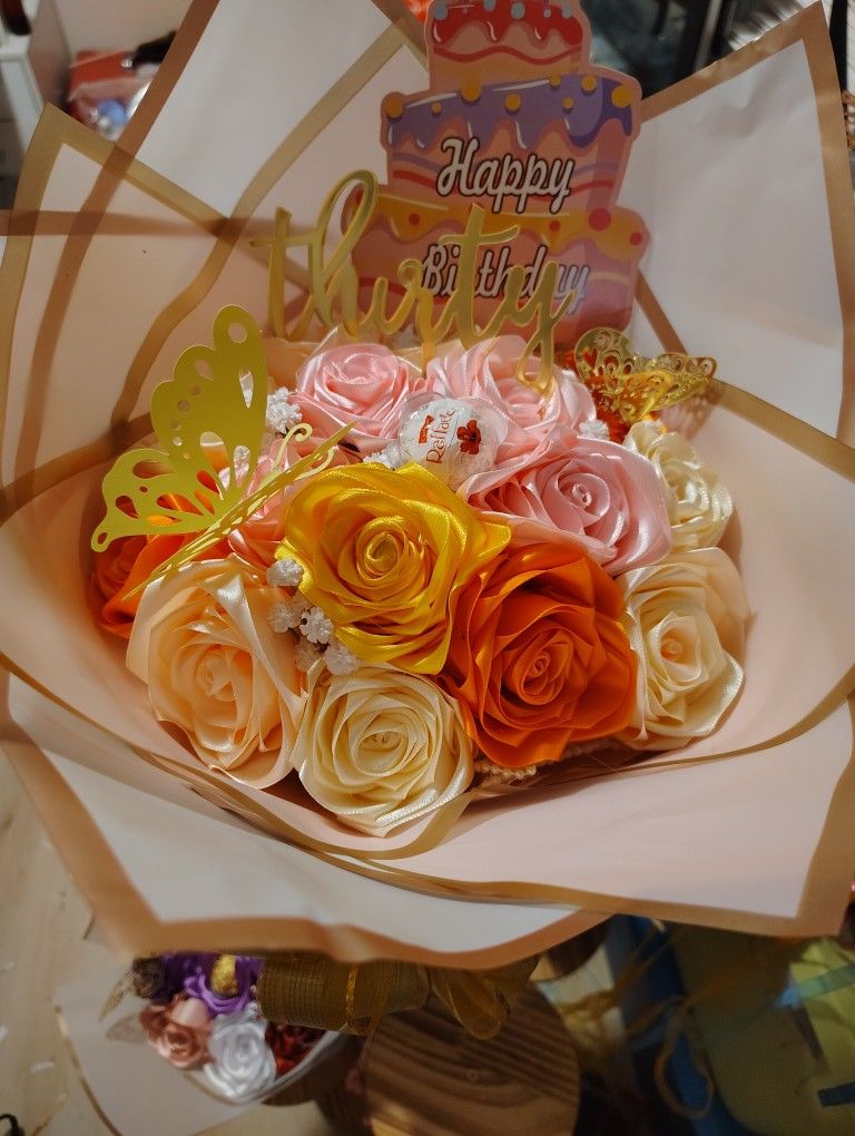 Ribbon Rose Bouqutes Happy Birthday