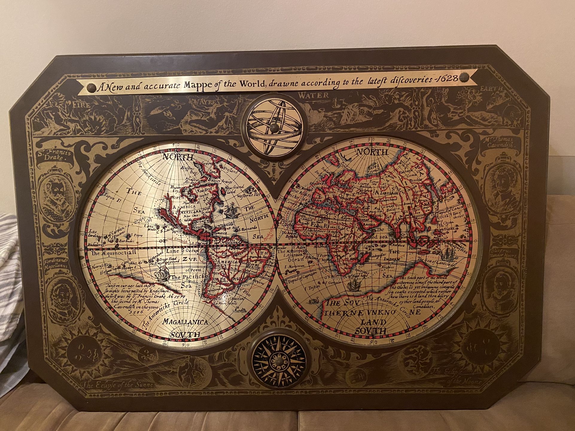 Vintage Globe •ANew and accurate Mappe of the World, drawne according to the lateft difcoveries-1628
