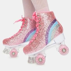 Sugarthrills Pastel Kawaii Roller derby Glitter Rainbow Adult Women's Rollerskates Size 10 KeePass And Elbow Pads