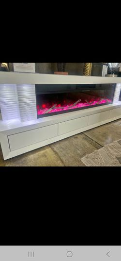 NEW LUXURY MIRRORED BLACK AND WHITE AVAILABLE FIREPLACE ELECTRIC HEATER TV STAND, MODERN MODEL,HAS SPEAKERS,BLUETOOTH, REMOTE CONTROL, PHONE CHARGER, 