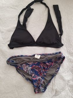 Black and blue paisley bikini