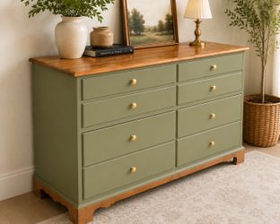 ✨ Solid Wood Olive Green Dresser | Restored Wood Top | 8 Drawers